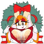  2017 absurd_res anthro areola big_breasts breasts bust_(disambiguation) christmas clothed clothing cum disembodied_hand eyelashes female hi_res holidays huge_breasts lagomorph looking_at_viewer makeup mammal marthedog nipples open_mouth plant rabbit ribbons smile solo sonic_(series) teeth vanilla_the_rabbit video_games wreath 