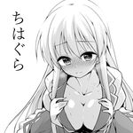  artist_name blush breasts cleavage dress eyebrows_visible_through_hair greyscale hachi_(chihagura) kamishirasawa_keine large_breasts long_hair looking_at_viewer monochrome no_hat no_headwear solo touhou translation_request upper_body 
