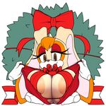  2017 absurd_res anthro areola big_breasts breasts bust_(disambiguation) christmas clothed clothing disembodied_hand eyelashes female hi_res holidays huge_breasts lagomorph looking_at_viewer makeup mammal marthedog open_mouth plant rabbit ribbons smile solo sonic_(series) teeth vanilla_the_rabbit video_games wreath 