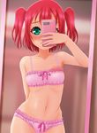  1girl arm_behind_back blush bow bow_bra bow_panties bra breasts collarbone cowboy_shot embarrassed enotato female holding holding_phone kurosawa_ruby love_live!_sunshine!! mirror navel panties phone red_hair reflection self_shot small_breasts smartphone solo tied_hair two_side_up underwear 