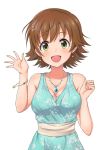  1girl :d armpit_crease bangs bare_arms bare_shoulders blue_dress blush bracelet breasts brown_hair cleavage collarbone commentary_request dress earrings eyebrows_visible_through_hair floral_print glint green_eyes hair_ornament hairclip hands_up head_tilt honda_mio idolmaster idolmaster_cinderella_girls jewelry looking_at_viewer medium_breasts nakasima-syouta necklace open_mouth sanpaku sash short_hair sidelocks simple_background sleeveless sleeveless_dress smile solo star star_earrings tareme upper_body white_background 