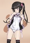  bangs black_hair black_legwear blunt_bangs breasts closed_mouth commentary_request covered_navel dress dress_lift embarrassed eyebrows_visible_through_hair flat_chest fujikawa_daichi hair_ribbon legs_apart long_hair looking_at_viewer one-piece_swimsuit pink_eyes ribbon school_swimsuit senki_zesshou_symphogear shiny shiny_hair shiny_skin simple_background small_breasts solo standing swimsuit swimsuit_under_clothes thighhighs tsukuyomi_shirabe twintails white_school_swimsuit white_swimsuit 