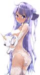  ass azur_lane blue_eyes blue_hair breasts censored commentary_request detached_sleeves from_behind hair_bun highres long_hair looking_back object_hug panties ponytail sarujie_(broken_monky) small_breasts solo stuffed_toy tears thighhighs underwear unicorn_(azur_lane) wet white_legwear white_panties 