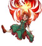  :d arm_up blue_eyes brown_footwear brown_hair dragon_quest dragon_quest_vii dress fang fire full_body highres layered_dress long_hair magic maribel_(dq7) open_mouth shoes simple_background smile solo tamagokake_candy white_background 