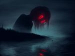  forest giant glowing glowing_eyes highres horror_(theme) klaufir leaning_forward monster nature night night_sky original red_eyes reflection ship sky staring water watercraft 