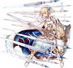  blonde_hair blue_eyes boots breasts cleavage dress flower full_body hair_flower hair_ornament holding holding_sword holding_weapon issairaku large_breasts neuschwanstein_(oshiro_project) official_art oshiro_project oshiro_project_re side_ponytail solo sword transparent_background weapon 