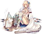  blonde_hair blue_eyes blush boots breasts cape covering covering_breasts dress gloves high_heel_boots high_heels issairaku large_breasts neuschwanstein_(oshiro_project) official_art oshiro_project oshiro_project_re sitting solo thigh_boots thighhighs torn_clothes transparent_background 