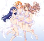  ass bangs blue_eyes blue_hair bra breasts closed_mouth commentary_request feathers flower frilled_bra frilled_panties frills grey_hair hair_flower hair_ornament hoshisakura_(starblossom) kousaka_honoka lingerie long_hair looking_at_viewer love_live! love_live!_school_idol_festival love_live!_school_idol_project medium_breasts microphone minami_kotori multiple_girls navel one_side_up open_mouth orange_hair outstretched_arm panties ribbon see-through simple_background smile sonoda_umi underwear underwear_only yellow_eyes 