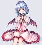  :&gt; bangs bat_wings blue_hair closed_mouth frilled_skirt frills hand_up junior27016 long_sleeves pink_skirt pointy_ears red_eyes remilia_scarlet simple_background sitting sketch skirt skirt_set smile solo touhou wings wrist_cuffs 
