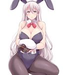  animal_ears azur_lane bare_shoulders black_legwear breasts bunny_ears bunny_girl bunnysuit cleavage commentary_request detached_collar enterprise_(azur_lane) fake_animal_ears hasu_(hk_works) large_breasts long_hair looking_at_viewer pantyhose purple_eyes simple_background solo white_background white_hair 