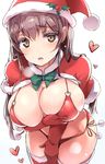  :o bangs bikini blush breast_lift breasts breath brown_eyes brown_hair capelet christmas commentary_request eyebrows_visible_through_hair fur_trim gloves hat heart large_breasts leaning_forward long_hair looking_at_viewer open_mouth original pom_pom_(clothes) red_bikini red_capelet red_gloves red_legwear santa_costume santa_hat shimazu_tekkou side-tie_bikini simple_background solo swimsuit teeth thighhighs thighs white_background 