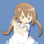  &gt;_&lt; 1girl 22m blue_background blush blush_stickers brown_hair character_request collarbone copyright_request dress eyebrows_visible_through_hair eyes_closed female hands_up short_sleeves simple_background solo standing tied_hair twintails wavy_mouth white_dress 