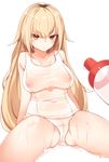  arms_at_sides bad_id bad_pixiv_id bangs blonde_hair blush breasts closed_mouth collarbone commentary_request covered_navel covered_nipples eyebrows_visible_through_hair highres large_breasts long_hair looking_at_viewer lube one-piece_swimsuit orange_eyes original school_swimsuit see-through simple_background sitting solo spread_legs swimsuit tsunekichi very_long_hair white_background white_swimsuit 