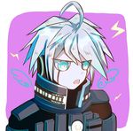  1boy ahoge android danganronpa keebo mecha new_danganronpa_v3 open_mouth power_frame robot short_hair silver_hair simple_background solo wings 