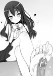  1girl barefoot blush cum ejaculation feet footjob legs_crossed long_hair looking_at_viewer momijidani_nozomi monochrome otono_fei pov sitting soles tenshi_no_3p! toes 