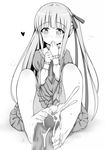  1girl barefoot blush cum ejaculation feet footjob gotou_jun long_hair looking_at_viewer monochrome otono_fei pov side_ponytail sitting tenshi_no_3p! toes 