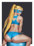  1girl ass ball black_background blonde_hair blue_eyes border domino_mask easonx from_behind highres long_hair looking_at_viewer mask midriff parted_lips rainbow_mika short_shorts shorts sitting solo sports_bra sportswear street_fighter twintails white_border 