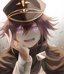  1boy bangs black_hat cloak danganronpa hat matching_hair/eyes nanamichiii new_danganronpa_v3 open_mouth ouma_kokichicloak purple_eyes purple_hair shirt short_hair side_bangs solo white_shirt 