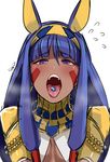 animal_ears bangs blunt_bangs blush breasts butcha-u dark_skin earrings egyptian_clothes fate/grand_order fate_(series) flying_sweatdrops gem hairband jackal_ears jewelry long_hair nitocris_(fate/grand_order) open_mouth oral_invitation purple_eyes purple_hair sexually_suggestive simple_background small_breasts solo teeth tongue tongue_out white_background 