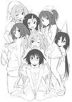  :d ;d absurdres ahoge aleister_air alise_flockheart breasts cleavage commentary eyebrows_visible_through_hair fake_horns formation_girls greyscale hair_ornament hairband hairclip hat highres kamikiri_senka looking_at_viewer medium_breasts monochrome multiple_girls nina_pawlenko olga_hodrewa one_eye_closed open_mouth ozaki_rin party_hat rabi_chaser santa_costume santa_hat short_hair simple_background small_breasts smile tenkuu_nozora white_background 