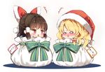  2girls bangs blonde_hair blush bow braid brown_hair chibi commentary embarrassed eyebrows_visible_through_hair fur-trimmed_hat fur_trim green_bow hair_bow hair_tubes hakurei_reimu hat heart in_container in_sack kirisame_marisa large_bow long_hair looking_at_another multiple_girls nose_blush o_o piyokichi pom_pom_(clothes) red_bow red_eyes red_hat sack santa_hat short_hair sidelocks simple_background single_braid touhou translated v-shaped_eyebrows white_background yuri 