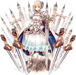  blonde_hair blue_eyes boots breasts cleavage dress flower full_body hair_flower hair_ornament high_heel_boots high_heels holding holding_sword holding_weapon issairaku large_breasts neuschwanstein_(oshiro_project) official_art oshiro_project oshiro_project_re side_ponytail solo sword thigh_boots thighhighs transparent_background weapon 