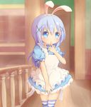  1girl 22m animal_ears apron blue_bow blue_dress blue_eyes blue_hair blue_legwear blush bow bunny_ears dress eyebrows_visible_through_hair fake_animal_ears female finger_to_mouth frilled_dress frills gochuumon_wa_usagi_desu_ka? hair_ornament hairclip hand_up headband highres indoors kafuu_chino long_hair maid maid_apron matching_hair/eyes short_sleeves solo standing striped_legwear thighhighs x_hair_ornament zettai_ryouiki 