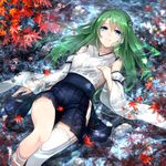  autumn_leaves bare_shoulders blue_eyes blue_skirt breasts chikawa_shibainu collarbone commentary_request detached_sleeves frog_hair_ornament green_hair hair_ornament hair_tubes hakama_skirt hip_vent kochiya_sanae long_hair long_sleeves looking_at_viewer lying md5_mismatch medium_breasts single_thighhigh skirt snake_hair_ornament thighhighs touhou water white_legwear wide_sleeves 