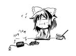  :i =_= ascot bow chopsticks closed_eyes comic commentary_request detached_sleeves drawing_tablet flying_sweatdrops greyscale hair_bow hair_tubes hakurei_reimu instant_ramen japanese_clothes long_sleeves monochrome nontraditional_miko shaded_face solo sweatdrop tako_(plastic_protein) touhou translation_request wacom white_background wide_sleeves 