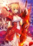  :d aestus_estus bangs blurry blush braid breasts commentary_request depth_of_field dress epaulettes eyebrows_visible_through_hair fate/extra fate_(series) fire french_braid fuyuki_(neigedhiver) hair_bun hair_intakes hair_ribbon highres holding holding_sword holding_weapon juliet_sleeves long_sleeves looking_at_viewer medium_breasts nero_claudius_(fate) nero_claudius_(fate)_(all) open_mouth outstretched_hand petals puffy_sleeves red_dress ribbon sidelocks smile solo sword weapon 
