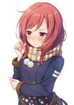  blue_coat blush coat double-breasted fur-trimmed_sleeves fur_trim hair_twirling hand_on_own_arm light_frown long_sleeves love_live! love_live!_school_idol_project matokechi nishikino_maki pom_pom_(clothes) purple_eyes red_hair scarf simple_background solo star star_print striped striped_scarf upper_body v-shaped_eyebrows white_background winter_clothes 