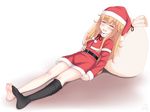  2017 absurdres arm_at_side artist_name barefoot belt black_legwear blush capelet christmas closed_eyes closed_mouth dress drooling eyebrows_visible_through_hair from_side full_body fur_trim gabriel_dropout hair_between_eyes hand_on_own_stomach hat highres long_hair long_sleeves loose_thighhigh lying messy_hair number on_back open_mouth pom_pom_(clothes) red_capelet red_dress sack sainohikari saliva santa_costume santa_hat signature single_thighhigh sleeping solo tenma_gabriel_white thighhighs very_long_hair white_background 