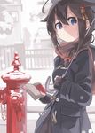  black_coat black_gloves black_hair black_skirt blue_eyes book braid duffel_coat fire_hydrant gloves hair_ornament hair_over_shoulder holding holding_book holding_umbrella kantai_collection looking_at_viewer outdoors partly_fingerless_gloves pleated_skirt red_scarf scarf shigure_(kantai_collection) single_braid skirt smile solo sugue_tettou umbrella 