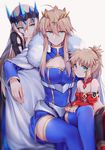  absurdres ahoge aqua_eyes artoria_pendragon_(all) artoria_pendragon_(lancer) bandeau bangs bare_shoulders black_legwear blonde_hair blue_dress blue_legwear braid breasts chinese_commentary cleavage cleavage_cutout cloak closed_mouth collarbone commentary_request cross crown detached_collar detached_sleeves dress eyebrows_visible_through_hair family fate/grand_order fate_(series) french_braid fur-trimmed_cloak fur_trim gem hair_between_eyes hair_ornament hair_scrunchie hand_up highres large_breasts light_smile long_hair long_sleeves looking_at_viewer mordred_(fate) mordred_(fate)_(all) morgan_le_fay_(fate) mother_and_daughter multiple_girls pelvic_curtain ponytail red_scrunchie scrunchie shiny shiny_hair short_hair short_hair_with_long_locks short_ponytail siblings sidelocks simple_background sisters sitting small_breasts smile thighhighs white_background yorukun younger 