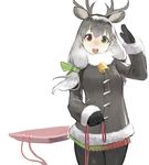  :d animal_ears antlers bell black_legwear black_mittens coat cowboy_shot earrings extra_ears fur-trimmed_coat fur-trimmed_sleeves fur_collar fur_trim green_eyes grey_hair hair_ribbon heterochromia jewelry juz kemono_friends long_hair looking_at_viewer mittens open_mouth pantyhose rainbow_gradient rainbow_skirt red_eyes reindeer_(kemono_friends) reindeer_ears ribbon salute simple_background smile solo white_background winter_clothes winter_coat 