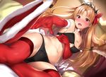 animal bangs bare_shoulders black_bra black_panties blonde_hair blush bra breast_hold breasts choker christmas cleavage collarbone earrings elbow_gloves embarrassed ereshkigal_(fate/grand_order) fate/grand_order fate_(series) fingernails fur-trimmed_gloves fur_trim gloves hair_ribbon highres indoors jewelry long_fingernails long_hair medium_breasts navel nironiro nose_blush on_bed open_mouth outstretched_arm panties parted_bangs perspective pillow pom_pom_(clothes) reclining red_choker red_eyes red_gloves red_legwear red_ribbon reindeer ribbon shiny shiny_hair solo stomach thighhighs thighs tiara two_side_up underwear underwear_only wavy_mouth 