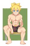  1boy abs blonde_hair blue_eyes crotch full_body koharun_(artist) male_focus muscle najimi-sensei naruto nipples sitting solo teeth topless underwear uzumaki_boruto 