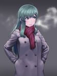  alternate_costume buttons coat commentary_request frown green_eyes green_hair grey_coat hands_in_pockets ishii_hisao kantai_collection long_hair long_sleeves red_scarf scarf solo suzuya_(kantai_collection) 