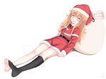  2017 absurdres arm_at_side artist_name barefoot belt black_legwear blush capelet christmas closed_eyes closed_mouth dress drooling eyebrows_visible_through_hair from_side full_body fur_trim gabriel_dropout hair_between_eyes hand_on_own_stomach hat highres long_hair long_sleeves loose_thighhigh lying messy_hair number on_back open_mouth pom_pom_(clothes) red_capelet red_dress sack sainohikari saliva santa_costume santa_hat signature simple_background single_thighhigh sleeping solo tenma_gabriel_white thighhighs very_long_hair white_background 