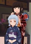  alternate_costume black_hair blue_kimono comb eyebrows_visible_through_hair fan fubuki_(kantai_collection) fuyube_gin_(huyube) green_eyes hair_ribbon highres indoors japanese_clothes kantai_collection kimono long_hair low_ponytail multiple_girls murakumo_(kantai_collection) obi official_style open_mouth orange_eyes paper_fan red_kimono ribbon sash shibafu_(glock23)_(style) short_eyebrows short_ponytail sidelocks silver_hair tress_ribbon uchiwa upper_body 