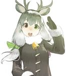  :d animal_ears antlers bell black_mittens coat earrings extra_ears fur-trimmed_sleeves fur_collar fur_trim green_eyes grey_hair hair_ribbon heterochromia horizontal_pupils jewelry juz kemono_friends long_hair looking_at_viewer mittens open_mouth red_eyes reindeer_(kemono_friends) reindeer_ears ribbon salute simple_background smile solo upper_body white_background winter_clothes winter_coat 