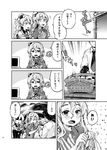  2girls bag barcode_scanner beer_can blush can comic commentary_request employee_uniform greyscale imu_sanjo kantai_collection lawson monochrome multiple_girls necktie pola_(kantai_collection) shaded_face shopping_bag shopping_basket sliding_doors translated uniform wavy_hair zara_(kantai_collection) 