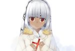  altera_(fate) bangs dark_skin fate/grand_order fate_(series) forehead_protector gift highres holding holding_gift looking_at_viewer nestea red_eyes silver_hair smile solo upper_body veil white_coat 