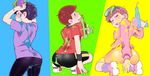  alternate_costume arched_back ass blush brothers heart heart-shaped_pupils looking_back male_focus matsuno_ichimatsu matsuno_osomatsu matsuno_todomatsu mikado_(jokeraj) multiple_boys osomatsu-kun osomatsu-san pink_hair purple_hair red_hair shirt siblings squatting suggestive_fluid sweat symbol-shaped_pupils t-shirt textless water_gun 