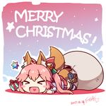  &gt;_&lt; :d animal_ears bangs bell blush_stickers bow box chibi christmas commentary_request dated detached_sleeves eyebrows_visible_through_hair fate/grand_order fate_(series) fox_ears fox_girl fox_tail fur-trimmed_skirt gift gift_box hair_bell hair_between_eyes hair_bow hair_ornament heart heart_in_mouth highres langbazi long_hair long_sleeves lying merry_christmas multiple_tails on_stomach open_mouth pink_hair pleated_skirt red_bow red_skirt sack saint_quartz signature skirt smile solo tail tamamo_(fate)_(all) tamamo_no_mae_(fate) twintails very_long_hair xd 