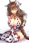  animal_ears animal_print bad_id bad_twitter_id bangs bare_shoulders bell blush bottle bracelet braid breasts brown_eyes brown_hair cleavage collarbone commentary_request cow_bell cow_ears cow_girl cow_horns cow_print detached_collar elbow_gloves eyebrows_visible_through_hair fake_animal_ears feet_out_of_frame flower food gan_(shanimuni) gloves hair_flower hair_intakes hair_ornament hair_over_shoulder highres holding horns jewelry kanpani_girls large_breasts leotard long_hair looking_at_viewer milk milk_bottle mole mole_under_eye open_mouth shirayuri_sakura simple_background single_braid sitting solo sweatdrop thighhighs very_long_hair 