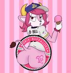  anthro blue_nose bottomless bovine buffalo_bell butt clothed clothing dairy_air dessert english_text eyelashes food hair half-closed_eyes hat hi_res horn ice_cream looking_back mammal mascot nippon_professional_baseball open_mouth orix_buffaloes pink_eyes pink_hair rear_view solo text unnam3d 