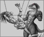  anthro bdsm bondage bound breasts chain cock_ring diphallism double_penetration female green_eyes krinkels lizard male male/female male_dominating multi_penis muscular muzzle_(object) penetration penis red_eyes reptile scalie scp-682 sex small_breasts spikes suspension tail_around_leg tail_wraps wraps 