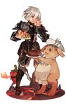  armor black_armor eating fire full_body gloves grey_hair odin_sphere oswald_(odin_sphere) pooka_(odin_sphere) red_eyes spiked_hair starshadowmagician upper_body 