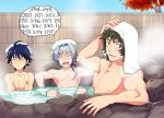  3boys arm_support bath bathing blue_hair enjouji_michiru eyes_closed green_hair hair_tie idolmaster idolmaster_side-m kizaki_ren koutake_hiroyoshi male_focus multiple_boys muscle onsen partially_submerged rock silver_hair smile steam taiga_takeru the_kogado towel towel_on_head water wet 